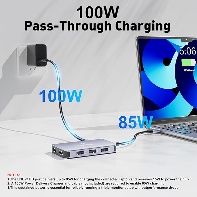 USB C to Dual HDMI Adapter 6 in 1 Docking Station Dual Monitor 3*USB-A Data Ports 100W PD HDMI Splitter Extended Display Laptop USB C Hub for MacBook HP Dell and More