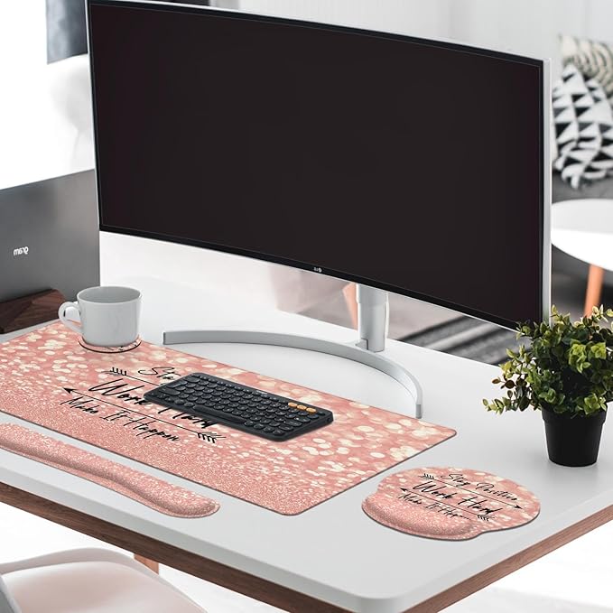 Arttown Desk Mat Rose Gold Pink Mouse Pad Set with Wrist Support 4-in-1 Large Mousepad+Keyboard Wrist Rest+Mouse Wrist Rest+Coaster with Ergonomic Design Non-Slip Mat for Office Home Decor