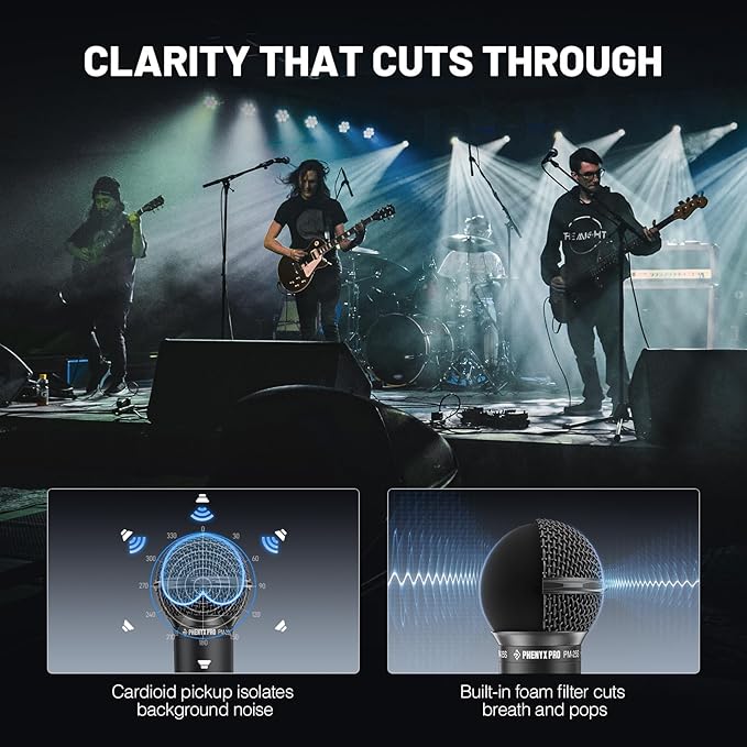 Phenyx Pro Dynamic Vocal Microphone Cardioid Microphone with 16.4 ft XLR Cable Mic Clip Storage Bag Wired Handheld Mic for Singing Stage Studio Karaoke (PM-25)