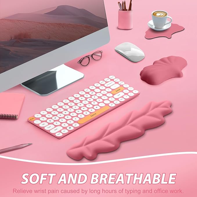 Leather Keyboard Wrist Rest Set Wrist Rest for Keyboard and MouseWrist Rest with Non-Slip PU Base Comfortable Memory Foam Ergonomic Wrist Support Pad Arm Cushion for Computer Laptop Mac Hot Pink