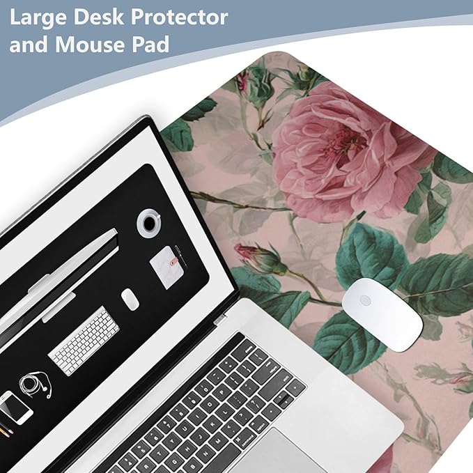 Mouse Pad Desk Mat Leather Desk Pad Large Gaming Desk Cover Protector Mat for Keyboard Computer Laptop Office Waterproof 35.4 x 16.5 Inch Pink Vintage Roses with Leaves
