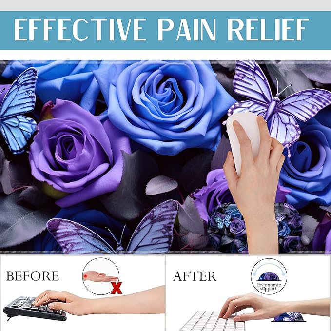Mouse Pad Set Large Gaming Mouse Pad (31.5X 11.8 inches)+ Wrist Rest Pad + Coaster Ergonomic Wrist pad Home Office Desk Accessories Decor Supplies Purple Roses and Blue Butterflies
