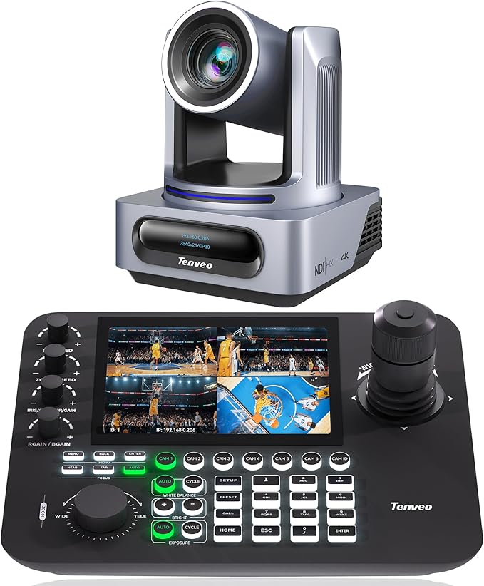 Tenveo 4K NDI PTZ Camera and Controller Bundle/Kit 4K 20X AI Tracking NDI/SDI/HDMI/USB3.0/LAN/PoE PTZ Camera and NDI PTZ Controller 7-Inch Quad-Screen for Church Live Streaming Conference