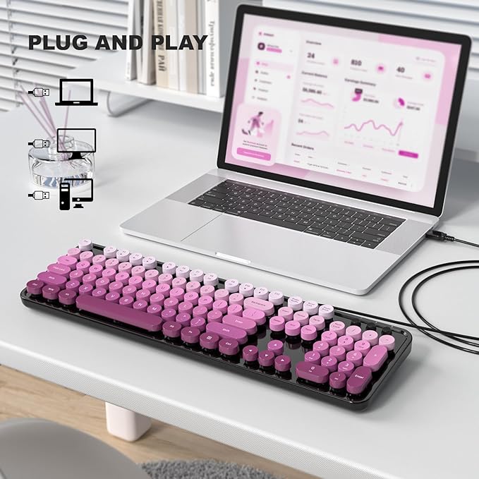 Computer Keyboard Wired Plug and Play USB Retro Round Typewriter Keyboard Full Size Wired Keyboard with Foldable Stands for Laptop and Office PC- Black Pink Gradient