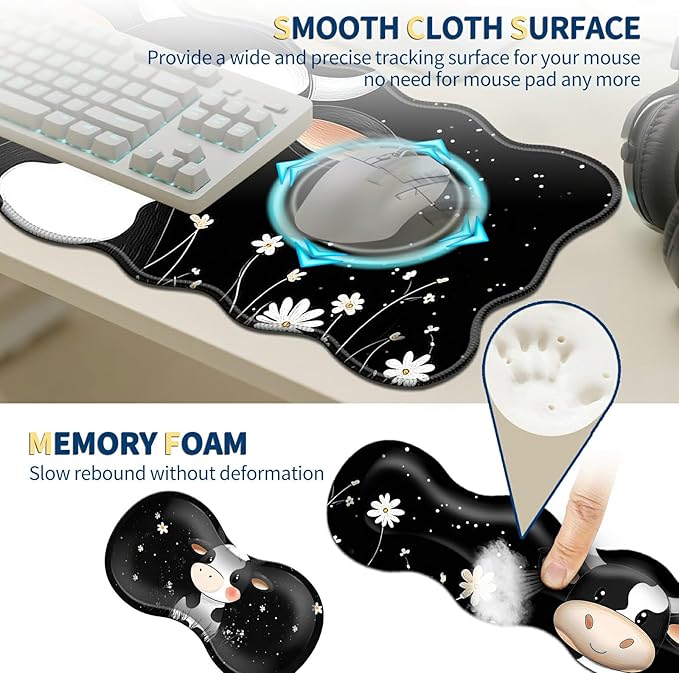 4-Piece XXL Gaming Mouse Pad Set (31.5x11.8) with Keyboard Wrist RestMouse Wrist Support &amp CoasterErgonomic Non-Slip Desk Mat for Office &amp HomeCute Black White Cow
