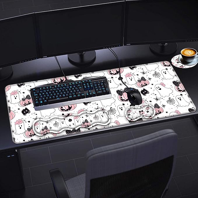 Keyboard Wrist Rest SetMemory Foam Wrist Support Mouse Pad31.5x11.8 Desk Mat for Comfortable Typing &amp Pain ReliefNon-Slip Base for Office &amp Home Use - Cute Ghost Skull Pumpkin