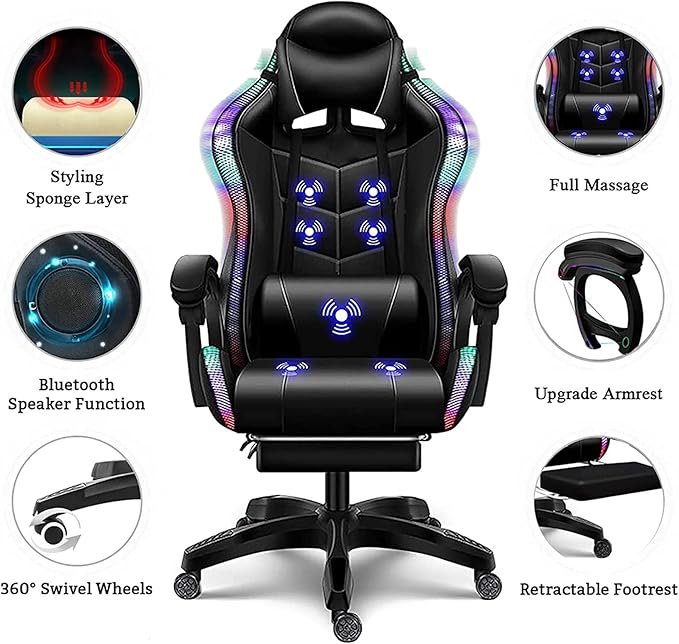 Gaming Chair with Speakers and RGB Lights Video Game Chairs Ergonomic Pro Office Chair with Full Massage Lumbar Support 90°-135° Backrest Adjustable Computer Chairs with FootrestWhite