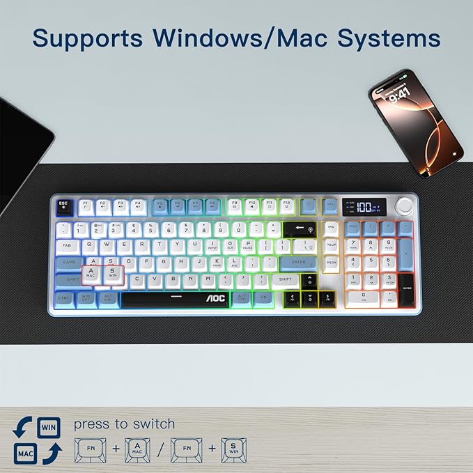 AOC GK210 Wireless Gaming Keyboard with Display &amp Knob Tri-Mode BT5.0/2.4GHz/Wired Connectivity RGB Backlit Keyboard with Number Pad 98-Key Layout 26-Key Anti-Ghosting Compatible for Mac Wind