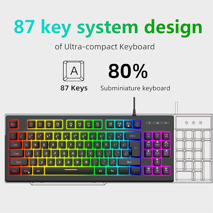 GOWENIC RGB Gaming Keyboard USB Wired LED Backlit 87 Key Ergonomic Keyboard for PC Computer Gaming Work and Laptop Wired Keyboard for Typing