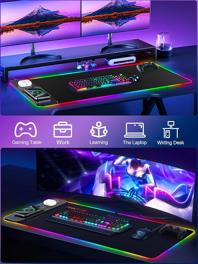 Magnetic Charging Mouse Pad 31.5x15.75 15W Fast Wireless Charging Desk Mat XXL Desk Pad RGB Gaming Mousepad Home Office Large Keyboard Pad with Ultra-Smooth Surface Non-Slip Base