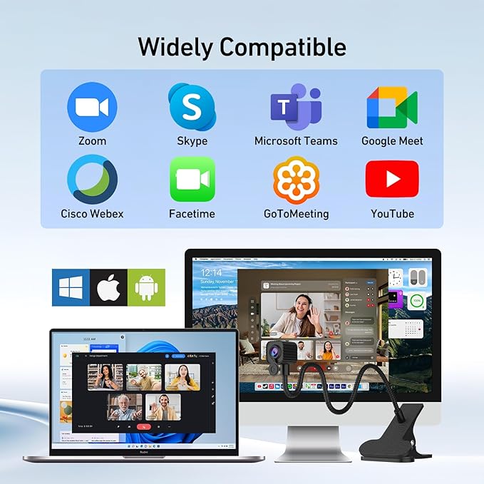 4K Center Screen Webcam with Microphone AutoFocus 4K Middle Screen Webcam USB Type-C/A Adapter Eye Level Camera Plug&ampPlay (Clamp)