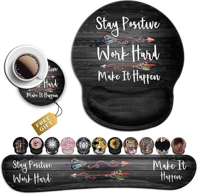 Ergonomic Mouse Pad with Gel Wrist Rest SupportNon-Slip PU Base for Computer Laptop Home Office Stay Positive Work Hard and Make It HappenSilver Glitter Black pad Memory Foam Keyboard Wrist Rest