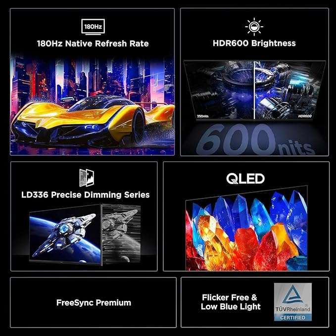 TCL 32 G64 Series QHD HDR QD-Mini LED 2560x1440 180Hz 1ms GTG AMD FreeSync Built-in Stereo Speakers Adjustable Stand Gaming Monitor Black &amp Gray 32G64 (Renewed)