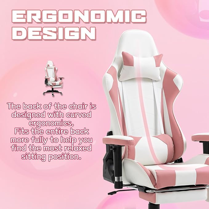 Massage Gaming Chair w/Footrest Video Racing Chair PC High Back Desk Computer Chair PU Leather Recliner w/Headrest and Lumbar Pillow Pink-White