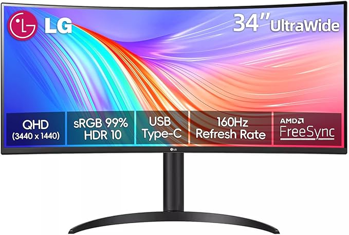 LG 34 Inch UltraWide QHD 1440P Curved Monitor 160Hz HDR 10 AMD FreeSync Premium Pro sRGB 99% OnScreen Control Anti-Glare MaxxAudio Speaker Tilt/Height Adjustable USB Type-C DisplayPort HDMI