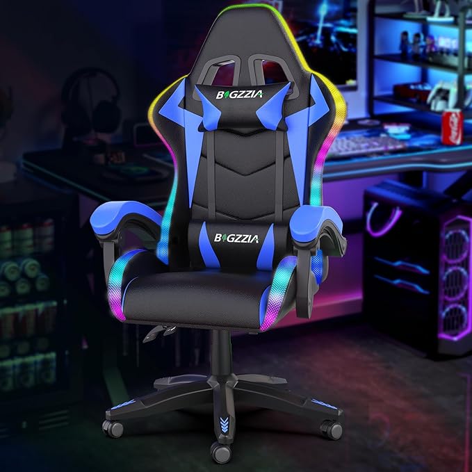 Gaming Chair with RGB LED Lights Ergonomic Computer Chair with Headrest and Lumbar Support PU Leather High Back Height Adjustable Swivel Video Game Chairs for Adults(Blue)