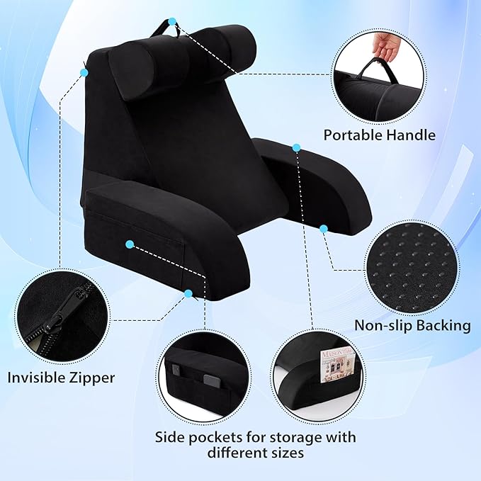Reading Pillow for Sitting in Bed Adult Back Pillow for Bed Sitting up Backrest Pillow with Arms Back Support Pillows for Gaming Lounging Watching TV Medium 19 Black