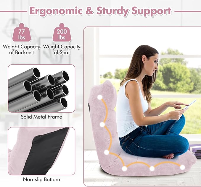 GOFLAME 14-Position Folding Floor Chair Padded Gaming Lazy Sofa Chair with Adjustable Backrest Couch Recliner Sleeper Bed Lounge Chair for Reading Gaming Meditating (Light Pink)