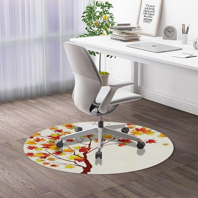 Orange White PU Leather Office Chair Mat for Hardwood and Tile Floor Watercolors Fall Autumn Tree Branches Heavy Duty Floor Mats for Computer Desk Easy Glide for Chairs Fall Image Diameter 39.4 in