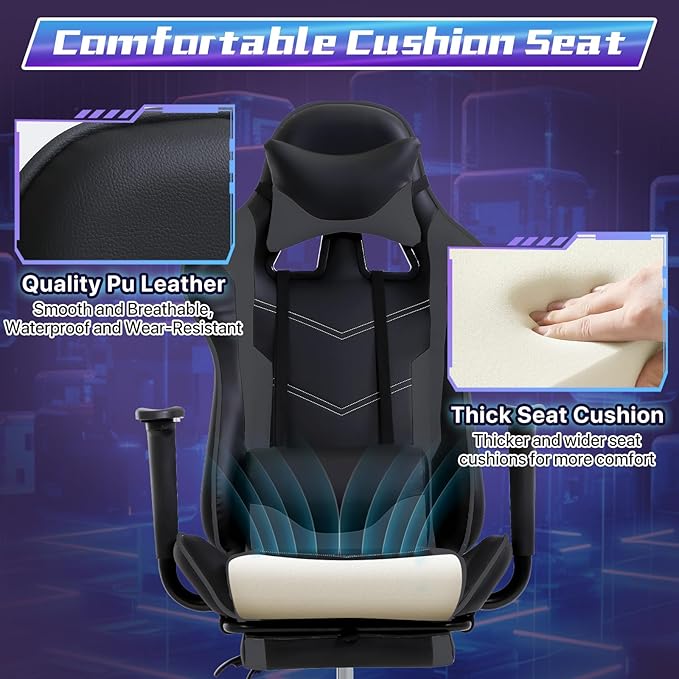 Gaming Chair for Adults - 250lbs Capacity Video Game Chair with Footrest &amp Lumbar Support Ergonomic 360° Swivel Height Adjustable Office Gamer Chair Heavy-Duty PU Leather (Grey)