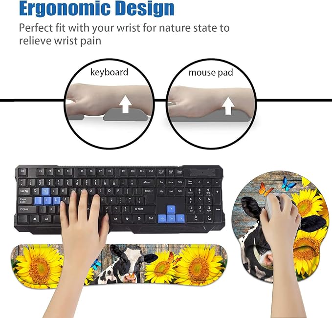 Keyboard Wrist Rest and Mouse Pad Wrist Support Set with Coasters Ergonomic Gaming Mousepad Non-Slip PU Base for Home Office Working Studying Easy Typing &amp Pain Relief - Sunflowers and Cow