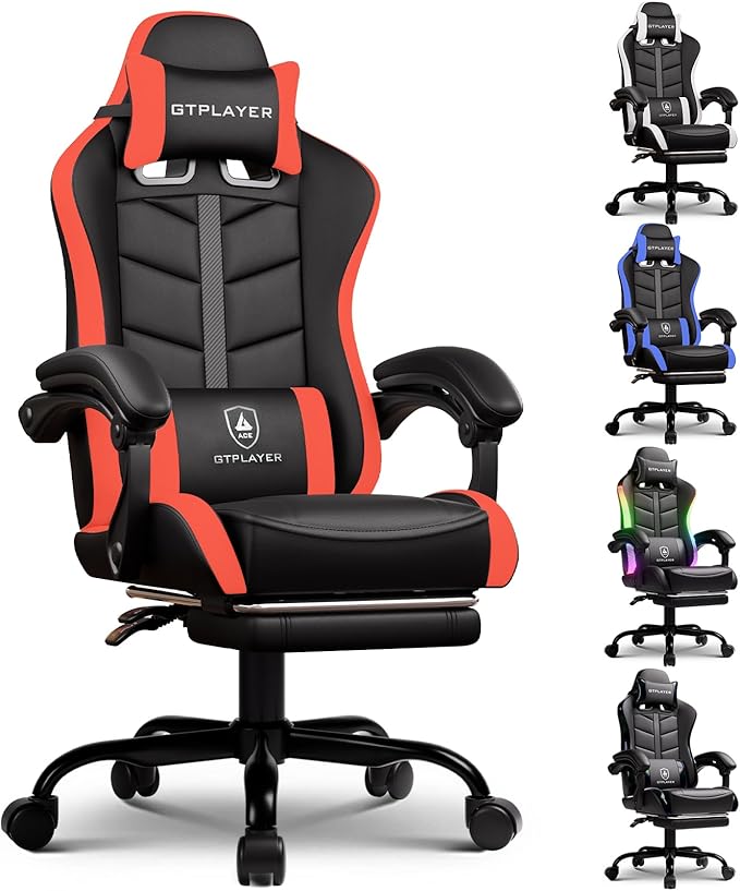 GTPLAYER Gaming Chair Ergonomic Game Computer Chairs with Foot Rest for Adults Adjustable PC Game Chair with Reclining Function and Comfortable Headrest for Home and Office Use (RED)