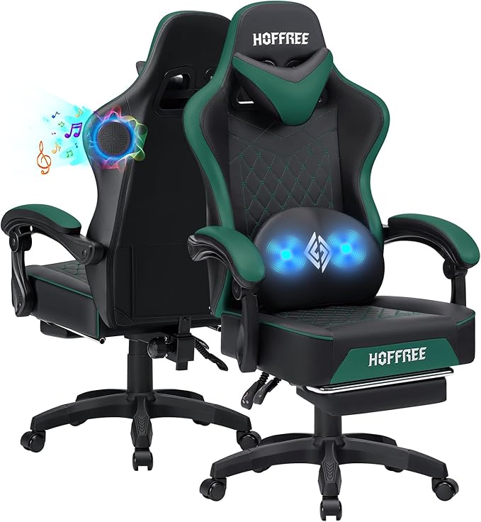 HOFFREE Gaming Chair Computer Chair with Speakers Massage Game Chairs with Footrest Bluetooth High Back Ergonomic Computer Gaming Chairs for Adults Reclining Video Gamer Chair Green and Black