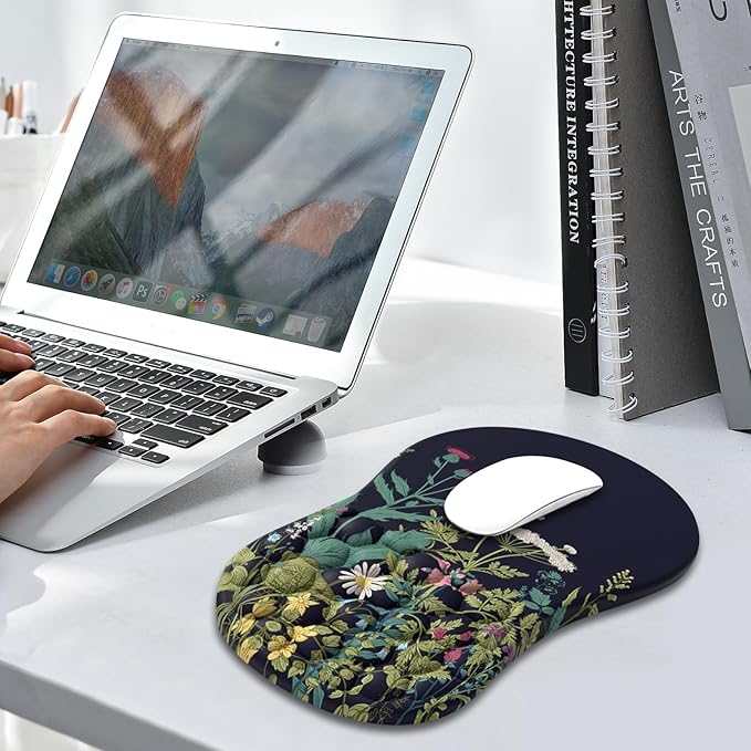 AIMSA Upgraded Wrist Rest Support Mouse Pad Ergonomic Mousepad Massage Memory Foam Design Pain Relief Comfortable Wrist Cushion Mat Non-Slip PU Base for Home Office Flowers Plants