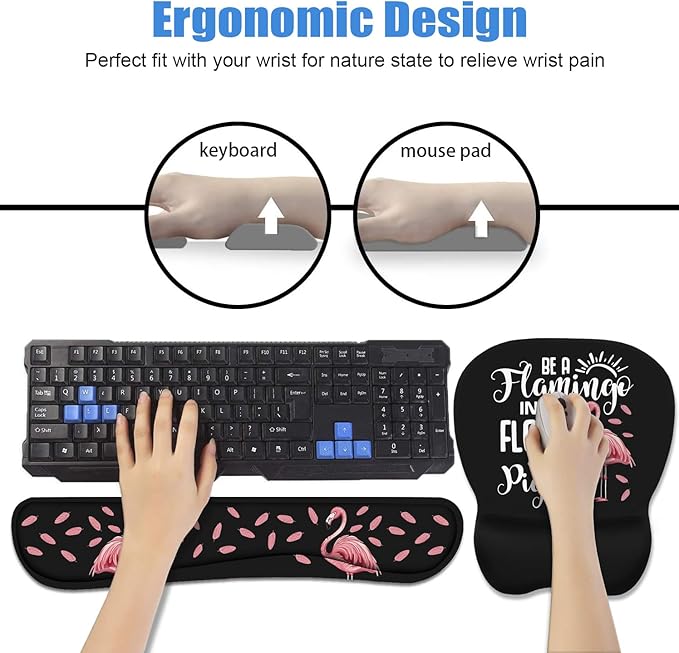 Mouse Pad Wrist Support and Keyboard Wrist Rest Set with Coasters Inspirational Quote Be a Flamingo in a Flock Pigeons with Non-Slip PU Base Ergonomic Mousepad for Computer Laptop Home Office