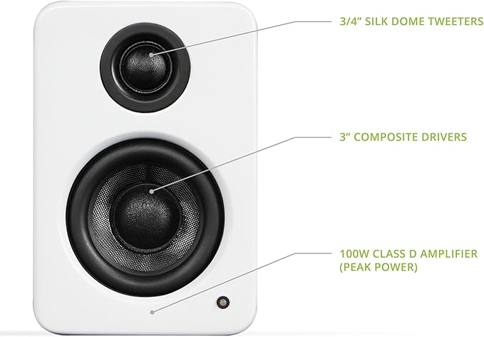 Kanto YU2MW PC Gaming Desktop Speakers | 3 Composite Drivers | 3/4 Silk Dome Tweeter | Class D Amplifier | 100 Watts | Built-in USB DAC | Subwoofer Output | Pair | Matte White
