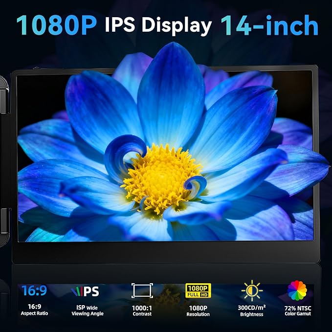 Laptop Screen Extender Monitor - Dual 14 inch IPS FHD 1080P Extended Monitors for 13-17 Laptops Type-C/HDMI/USB-A Compatible with Windows Mac Travel Work