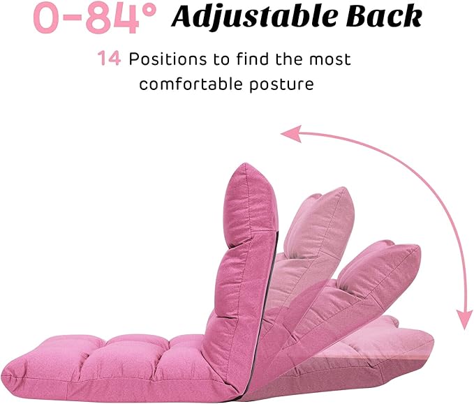 Pink Linen Fabric Floor Chair Folding Lazy Video Gaming Chair 14 Adjustable Backrest Positions Soft Comfortable Thick Padded Cushion Steel Frame Great for Reading Watching TV Playing Games