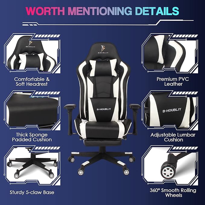 Gaming Chair with Bluetooth Speakers RGB Video Game Chairs with Full Massage PU Leather Ergonomic Pro Desk Chairs PC Racing Style Silla Gamer for Adults TeensRed
