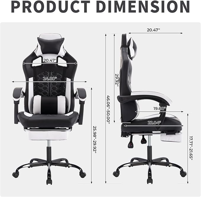 Ergonomic Gaming Chair with Massage and Footrest High Back Leather Computer Chair with Adjustable Headrest Lumbar and Back Support 360° Rotation and 300LBS Capacity (Black+White)