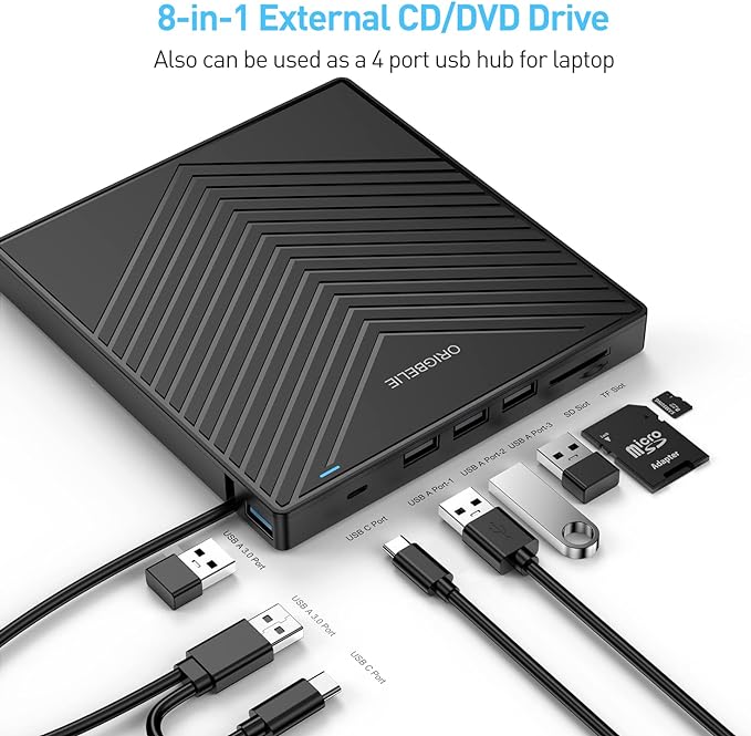 External CD DVD Drive Ultra Slim CD Burner USB 3.0 with 4 USB Ports and 2 TF/SD Card Slots Optical Disk Drive for Laptop Mac PC Windows 11/10/8/7 Linux OS