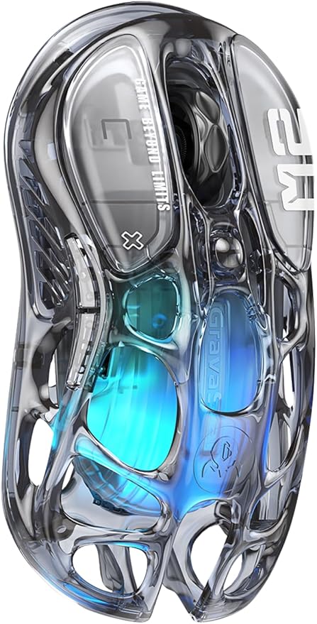 GravaStar Mercury M2 Wireless Gaming Mouse with 26000 DPI PAW3395DM Sensor -79g Lightweight Hollowed-Out Design -5 Programmable Buttons -5 Dynamic Lightsync RGB - Transparent Black