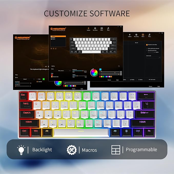 Newmen GM610 60% Wireless Mechanical Gaming KeyboardWired/Bluetooth/2.4G KeyboardRGB Backlit61 Anti-Ghosting KeysProgrammableHot-Swappablefor Windows Mac Android (Black-White/Red Switch)