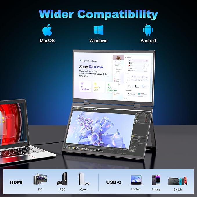 Dual Portable Monitor 15.6 1080P FHD IPS Folding Stacked Triple Laptop Screen Extender USB-C Plug &amp Play Travel Extended Computer Display for Laptop PC Windows Mac w/Stand &amp VESA Mountable