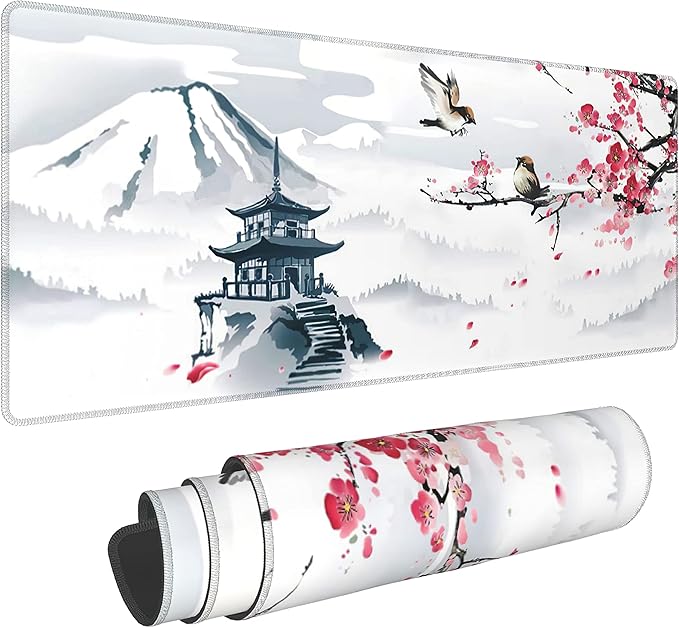 Japanese Pagoda Cherry Blossom Gaming Mouse Pad XL Birds Sakura Branch Mountain Extended Large Desk Cover Table Mat Non-Slip Rubber Base Stitched Edge Long Keyboard Playmat for Gamer31.5×11.8 in