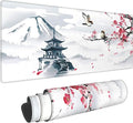 Japanese Pagoda Cherry Blossom Gaming Mouse Pad XL Birds Sakura Branch Mountain Extended Large Desk Cover Table Mat Non-Slip Rubber Base Stitched Edge Long Keyboard Playmat for Gamer31.5×11.8 in