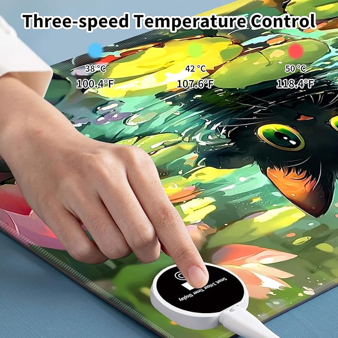 Warm Desk PadHeated Desk PadOffice Mat3 Heating Levels &amp 3 Hours Auto Shut-Off31.5*13 Gaming Mouse Laptop Keyboard Leather Desk MatCartoon Lotus Cat