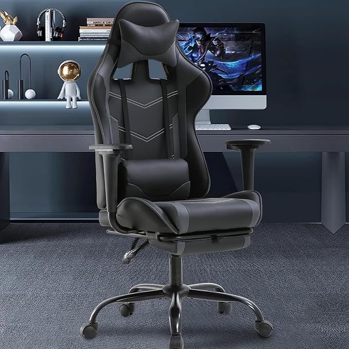 BestOffice Ergonomic Gaming Chair Grey Adjustable Vibration Faux Leather