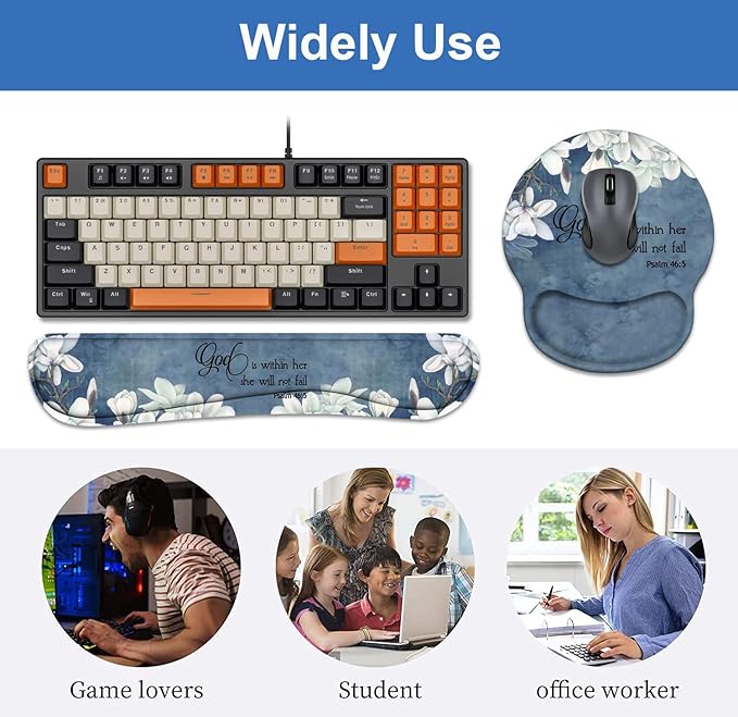 Keyboard Wrist Rest + Mouse Pad Wrist Support Set with Coasters Non-Slip PU Base Ergonomic Mousepad for Home Office Working Studying Easy Typing &amp Pain Relief Quote Bible Verses Psalm 46:5