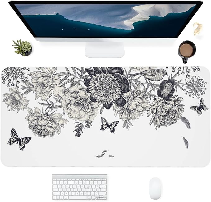 Peony Butterfly Large Mouse Pad Gaming Mousepad with Wrist Support Rubber Computer Keyboard Mat for Desk Laptop Non-Slip Full Deskmat Protector Waterproof Writing Pad Office Home 16x35.5 in