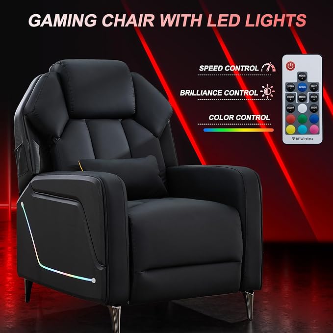 URRED Gaming Recliner Chair with LED Lights Ergonomic Video Game Reclining Chair with Footrest Lumbar Pillow Side Pocket Home Theater Recliner for Living Room Bedroom Gaming Room (Black)