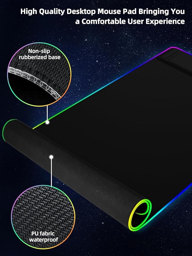 XXL Mouse Pad with Phone Holder - Black RGB Desk Mat with 15W Fast Charging LED Gaming Mousepad with 11 Light Colors Waterproof Non-Slip Pad for Office &amp Home