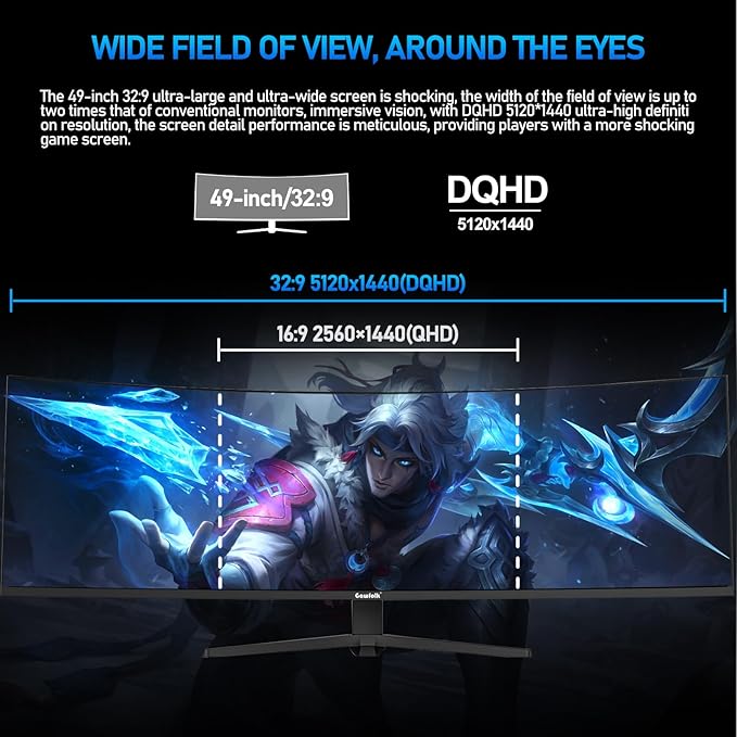 Gawfolk 49 inch Ultra-Wide Curved 1500R Gaming Computer Monitor DQHD(5120×1440) 165Hz 1MS FreeSync 120% sRGB Height Adjustable PC Screen HDMI2.1DP1.4 Compatible Wall Mount 75 * 75mm - Black