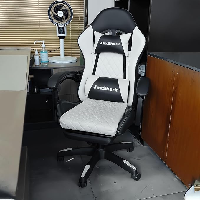 JaxShark Gaming Chair Office Chair with Headrest and Lumbar Support High Back Computer Leather Desk Chair with 360° Swivel 220 lbs Capacity – Racing Style for Gaming and Work (White)