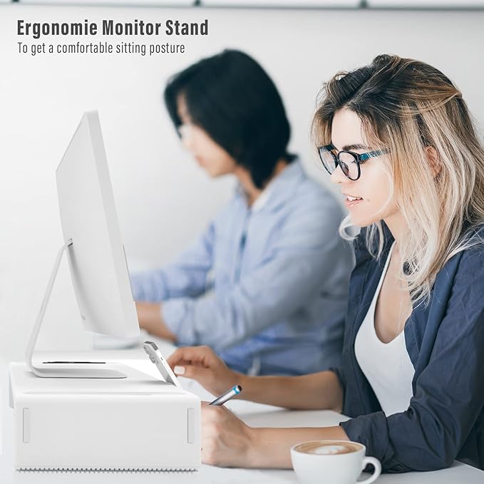 OImaster Monitor Stand Riser Foldable Computer Monitor Riser Adjustable Length Computer Stand and Storage Drawer &amp Pen Slot Phone Stand Compatible Computer Desktop Laptop Save Space (White)
