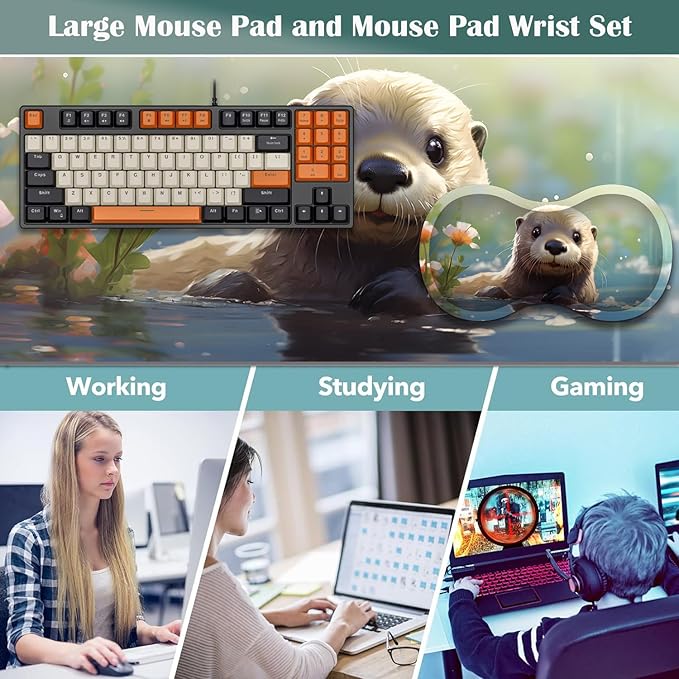Large Game Mouse Pad + Wrist Support Pad + Coffee Coaster Desk Pad with Sewn Edges Anti-Slip Set pad Suitable for Office Work and Home - Cute Otter